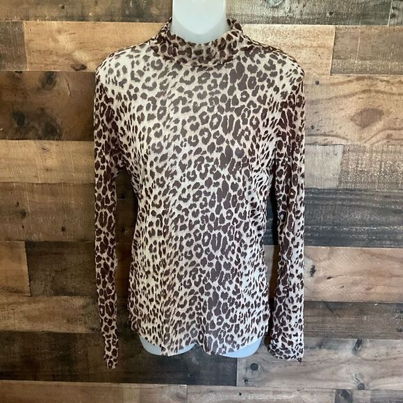 Willow + Root Blouse Sheer Animal Print Tan Brown Raw Edge Hem Cuff Junior Large - Picture 10 of 10